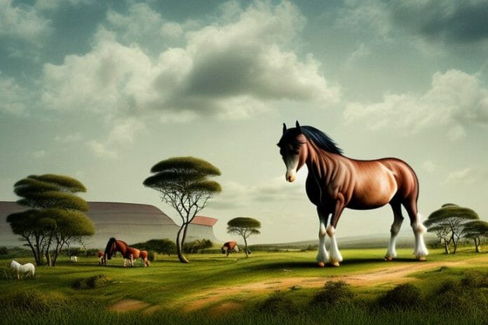 An irish draught horse in a rural landscape in mpumalanga