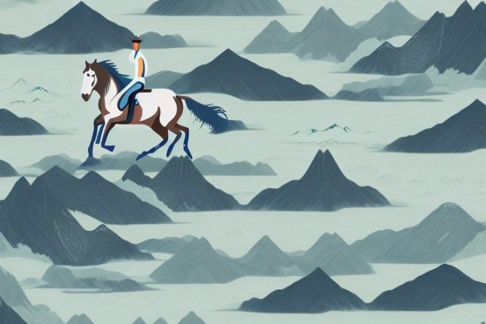 A horse and rider galloping through a fjord landscape