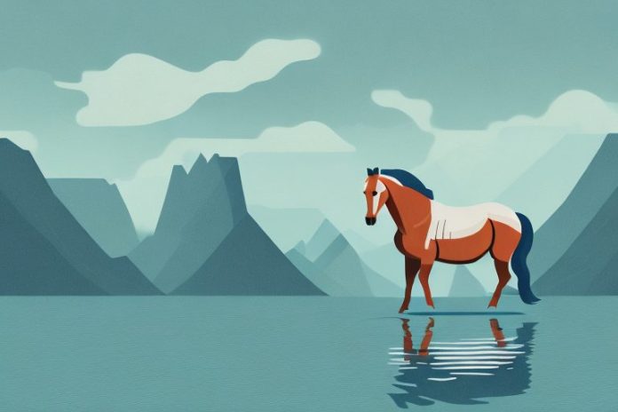 A horse standing in a fjord landscape