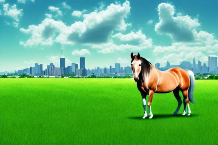 A horse in a field of lush green grass