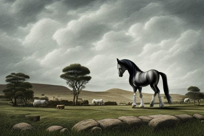 An irish draught horse in a rural landscape in hartbeespoort