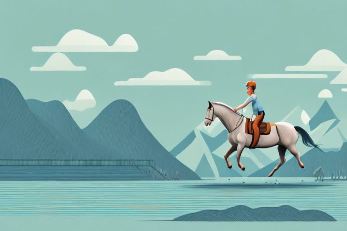 A horse and rider in a scenic fjord landscape