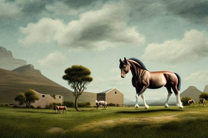 An irish draught horse in a rural landscape in george