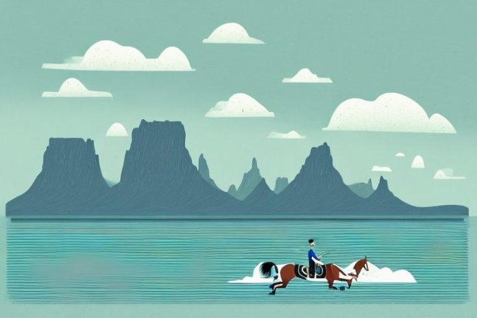 A horse and rider in a scenic fjord landscape in the western cape
