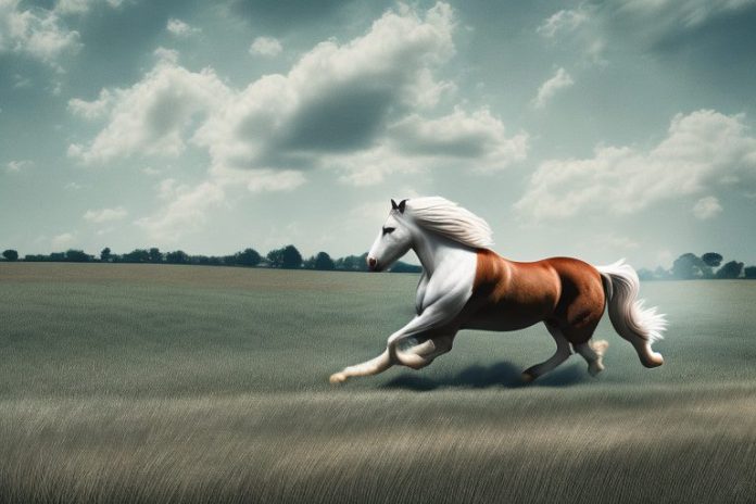 An american belgian draft horse galloping through a rural landscape in mogwase