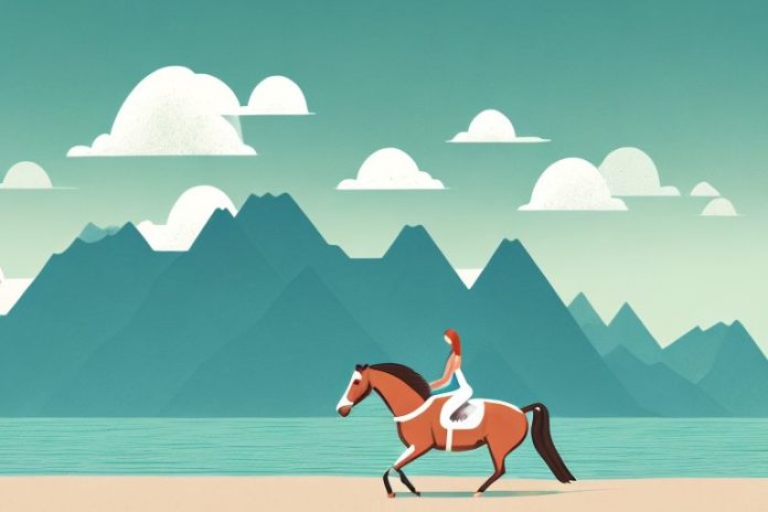 A horse and rider galloping along a beach with a backdrop of mountains and a fjord