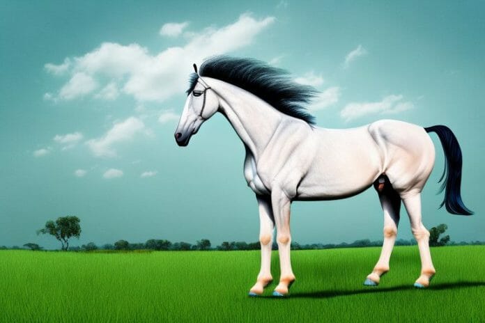 A marwari horse standing in a grassy field in white river