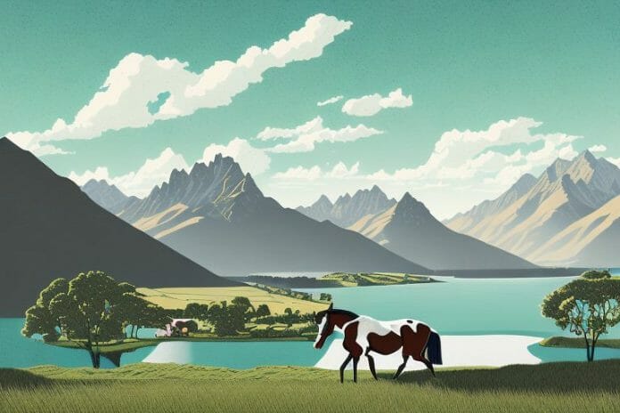A cleveland bay horse in a rural landscape in queenstown