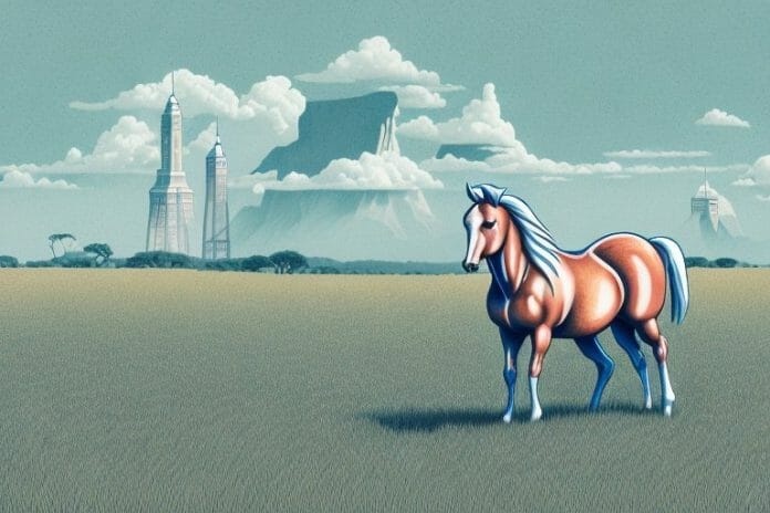 A cleveland bay horse in a field in bisho
