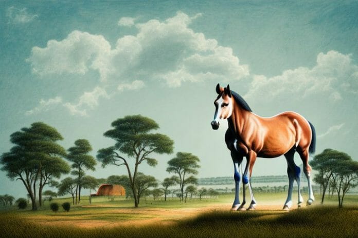 A cleveland bay horse standing in a rural landscape in mokopane