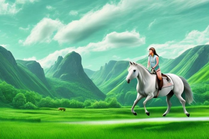 A horse and rider galloping through a lush green landscape