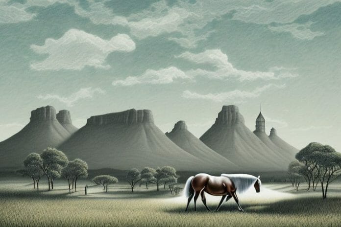 A cleveland bay horse in a rural south african landscape