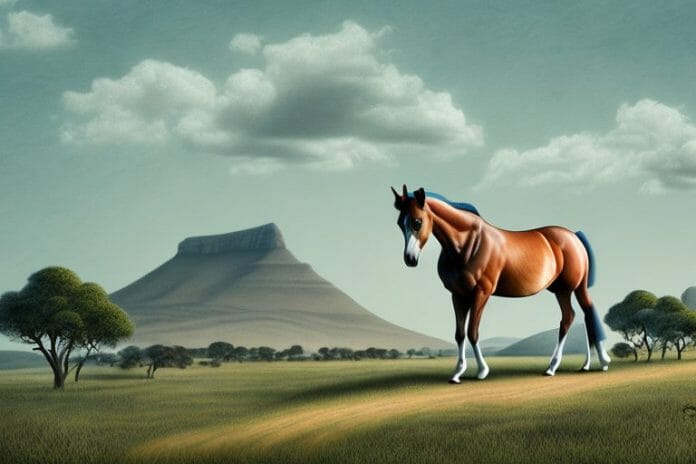 A trakehner horse in a rural landscape in south africa