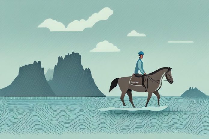 A horse and rider in a scenic fjord landscape in hermanus