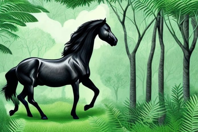 A majestic black horse in a lush green forest in kwa zulu natal