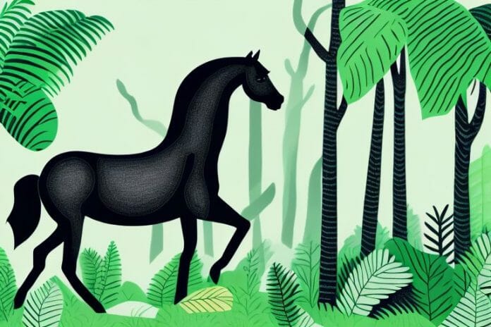 A black horse in a lush forest setting in durban