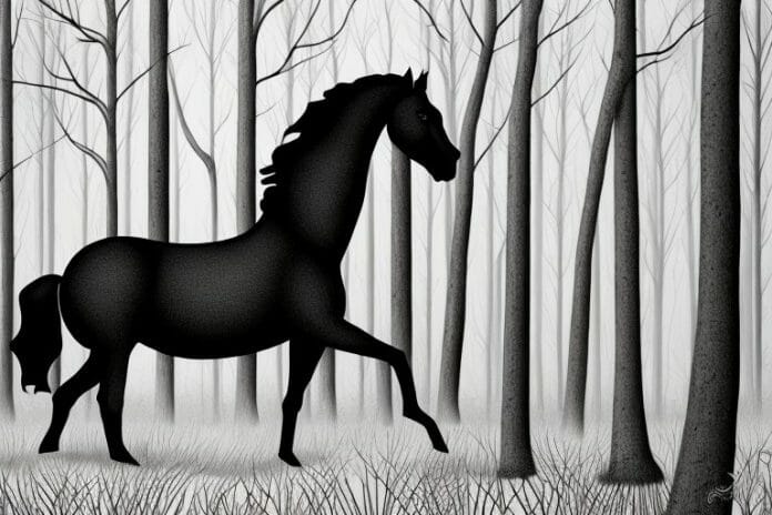 A black horse in a forest setting in pietermaritzburg