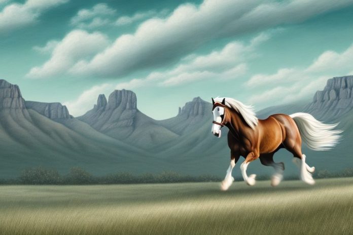 An american belgian draft horse galloping through a scenic landscape in the western cape