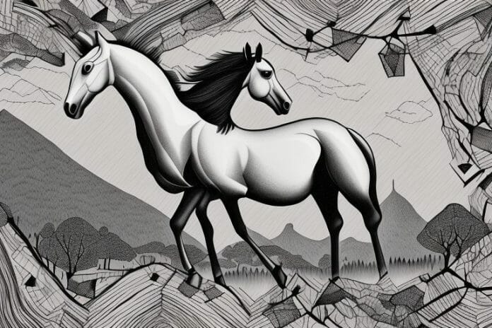 A horse in a black forest landscape in newcastle