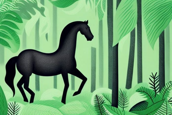 A black horse in a lush
