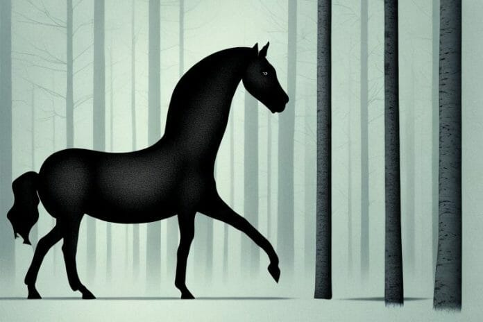 A black horse in a forest setting in amanzimtoti