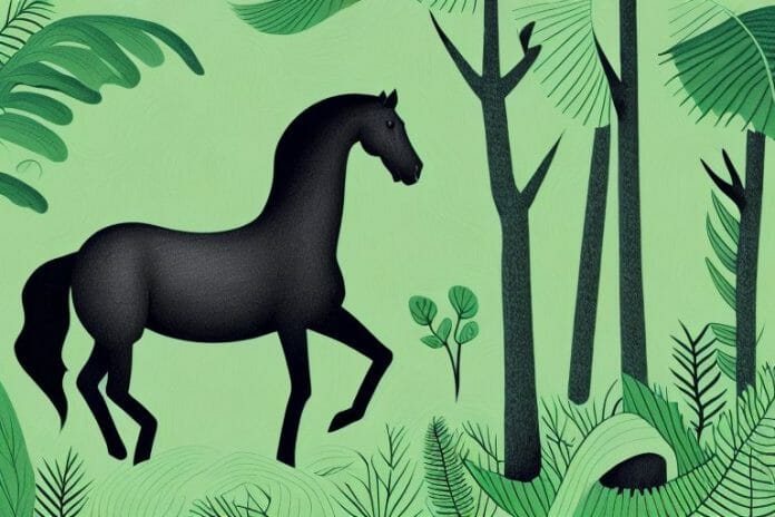 A black horse in a lush green forest in tongaat