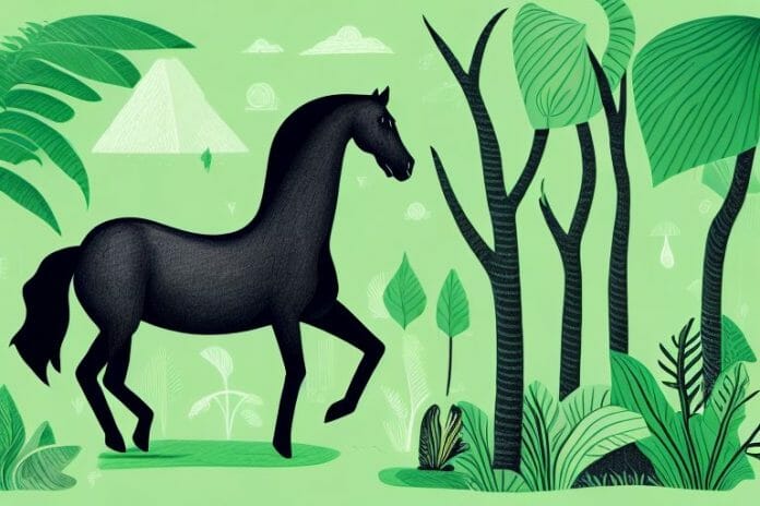 A black horse in a lush green forest in port shepstone