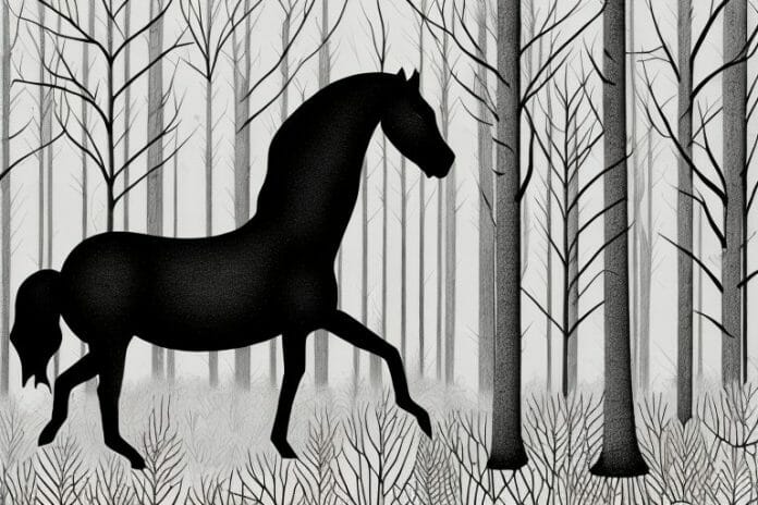 A black horse in a forest setting in empangeni