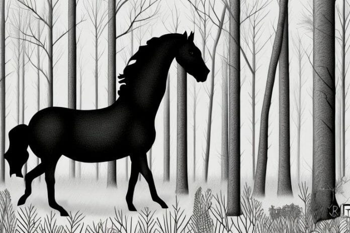 A black horse in a forest setting in westville