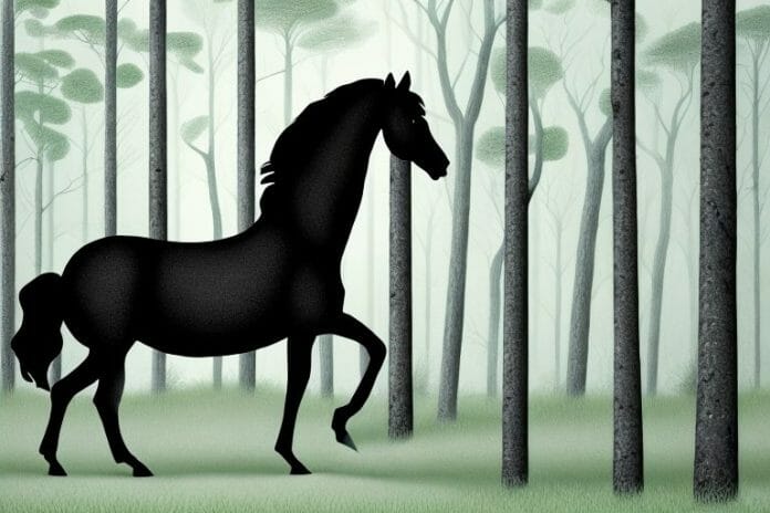 A black horse in a forest landscape in the eastern cape
