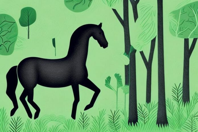 A black horse in a lush green forest in grahamstown