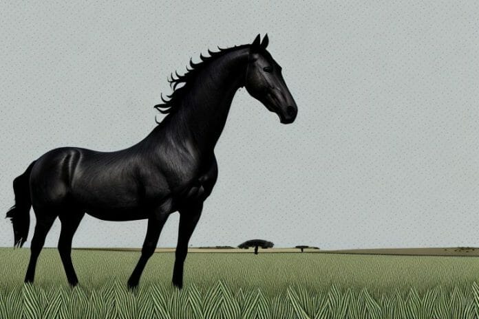 A black horse in a grassy field in graaff-reinet