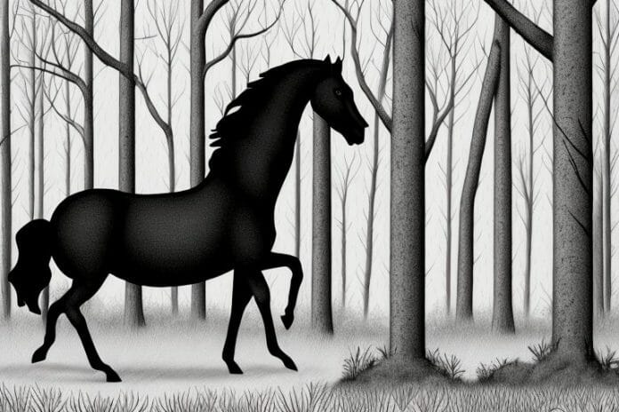 A black horse in a forest setting in king william's town