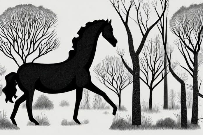 A black horse in a forested landscape in aliwal north