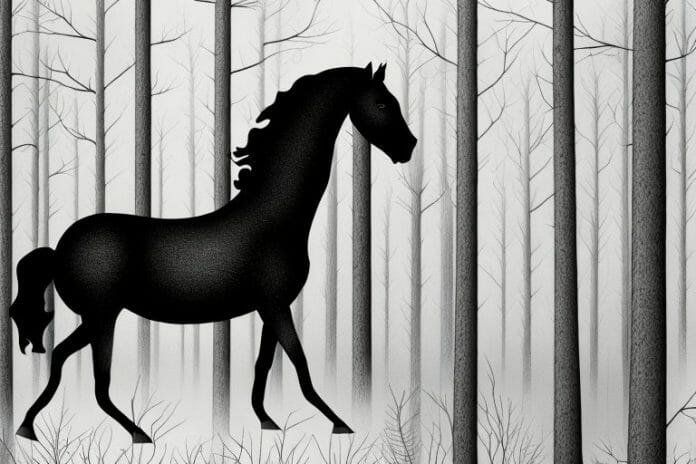 A black horse in a forest setting in bisho