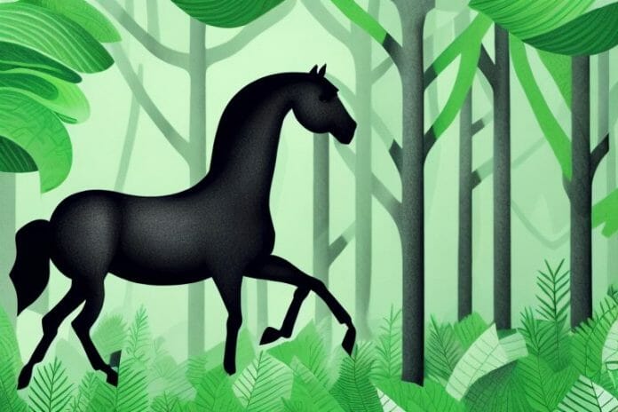 A black horse in a lush green forest setting