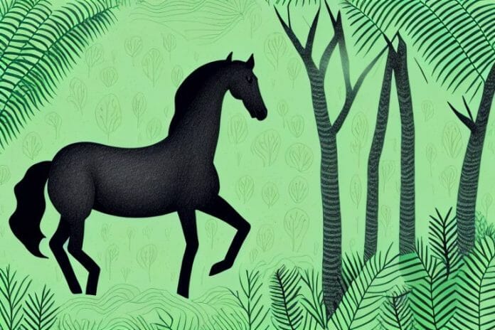 A black horse in a lush green forest in jeffreys bay