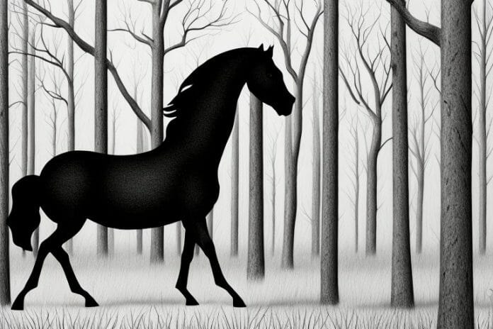 A black horse in a forest setting in the free state