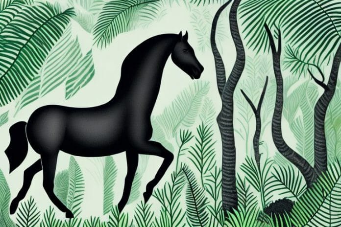 A black horse in a lush forest setting in bloemfontein