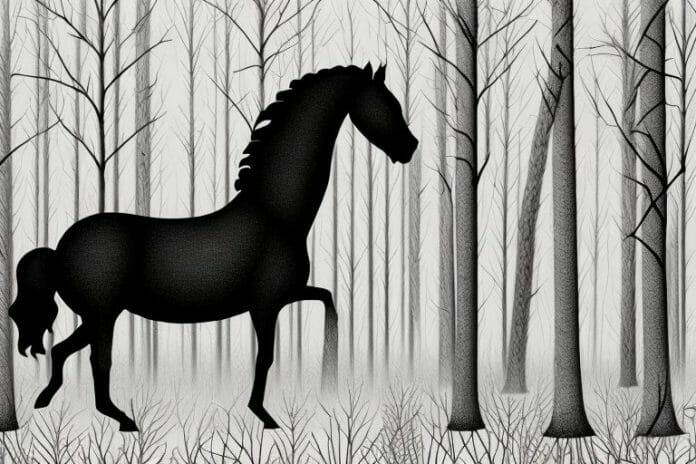 A black horse in a forest in welkom