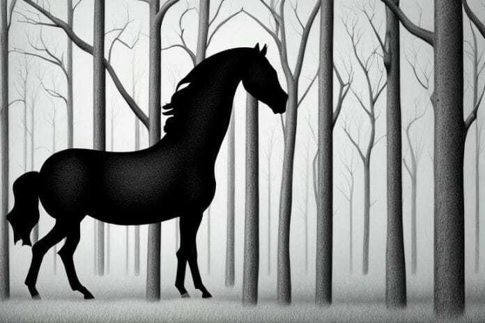 A black horse standing in a forest in sasolburg