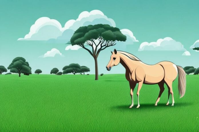 A horse in a grassy field with trees in the background