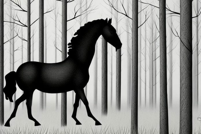 A black horse in a forest in virginia