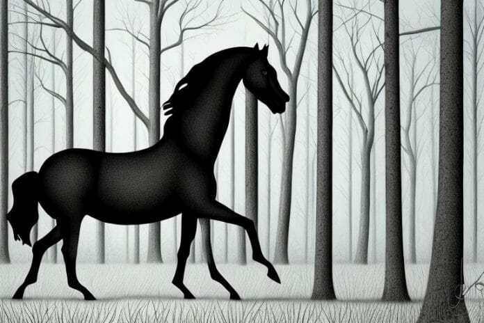 A black horse in a forest setting in kroonstad