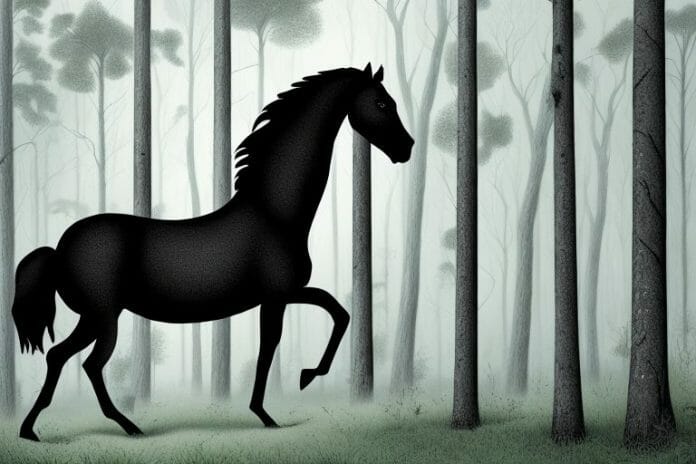 A black horse in a forest setting in phuthaditjhaba