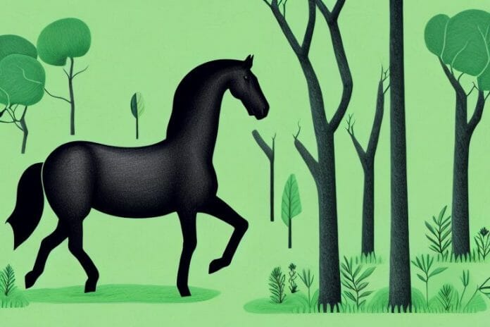 A black horse in a lush green forest in harrismith