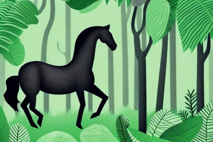 A black horse in a lush