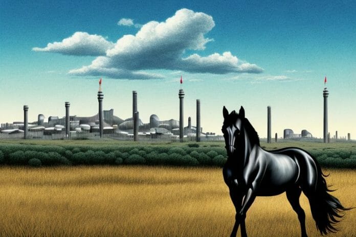 A black horse in the south african countryside