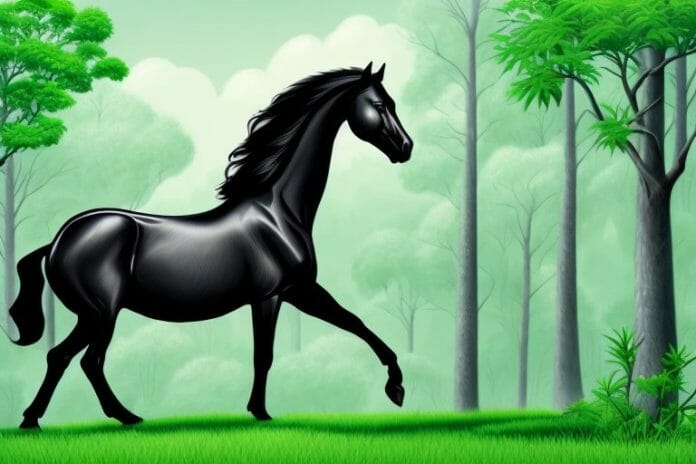 A majestic black horse in a lush green forest in the greater pretoria area of south africa
