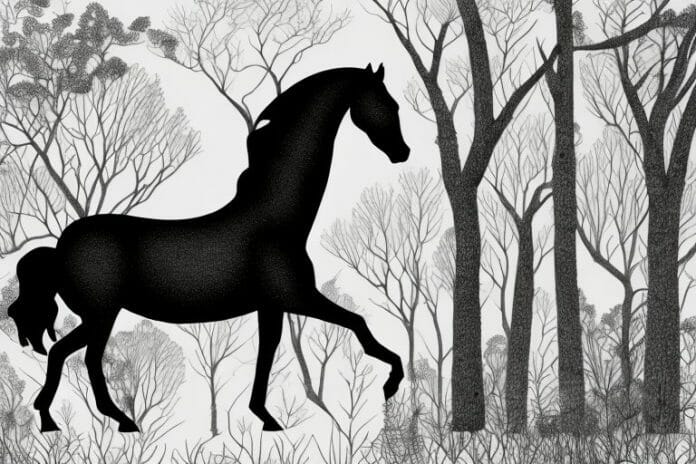 A black horse in a forested landscape in vereeniging